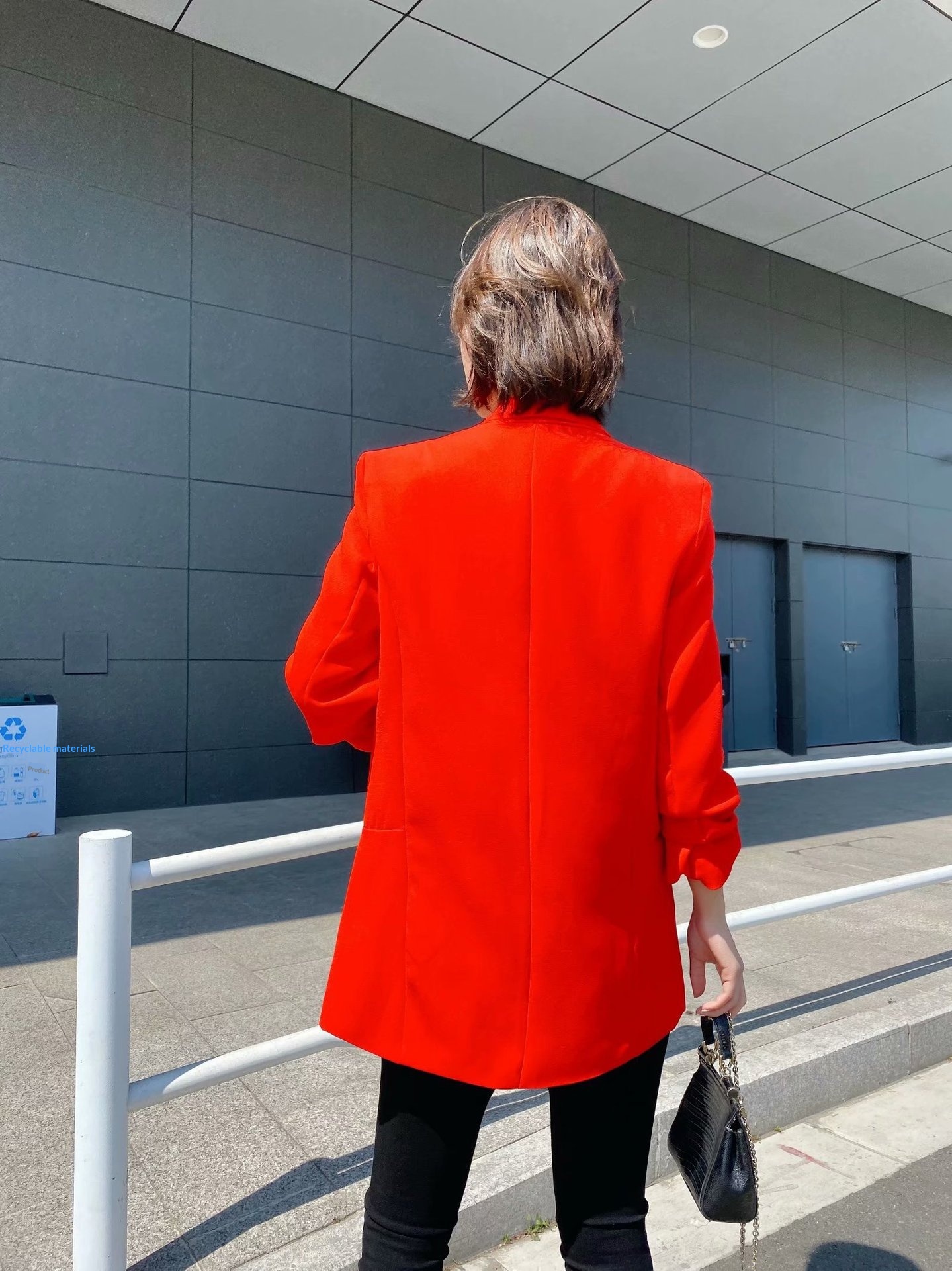 Women's Pleated Blazer Three-quarter Sleeve Solid Colour Jacket_voghion.com