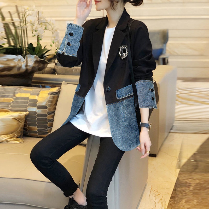 Blazer in denim patchwork in stile europeo per donna, nuova versione coreana primavera/autunno 2026, taglie forti e petite._voghion.com