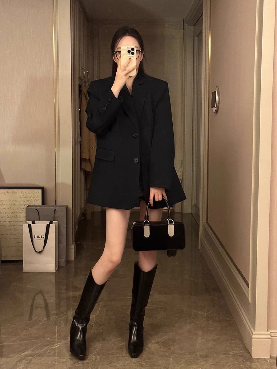 Blazer elegante nero da donna stile coreano primavera autunno_voghion.com