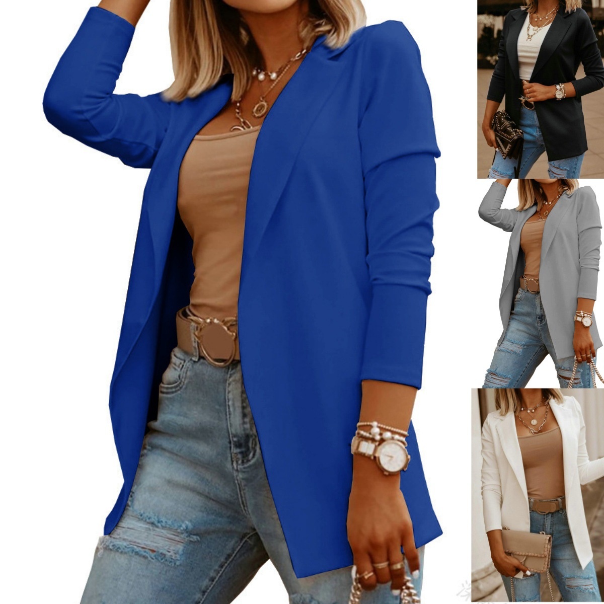 Ampia disponibilità: Cardigan da donna ampio, elegante, a maniche lunghe, tinta unita, con risvolto_voghion.com