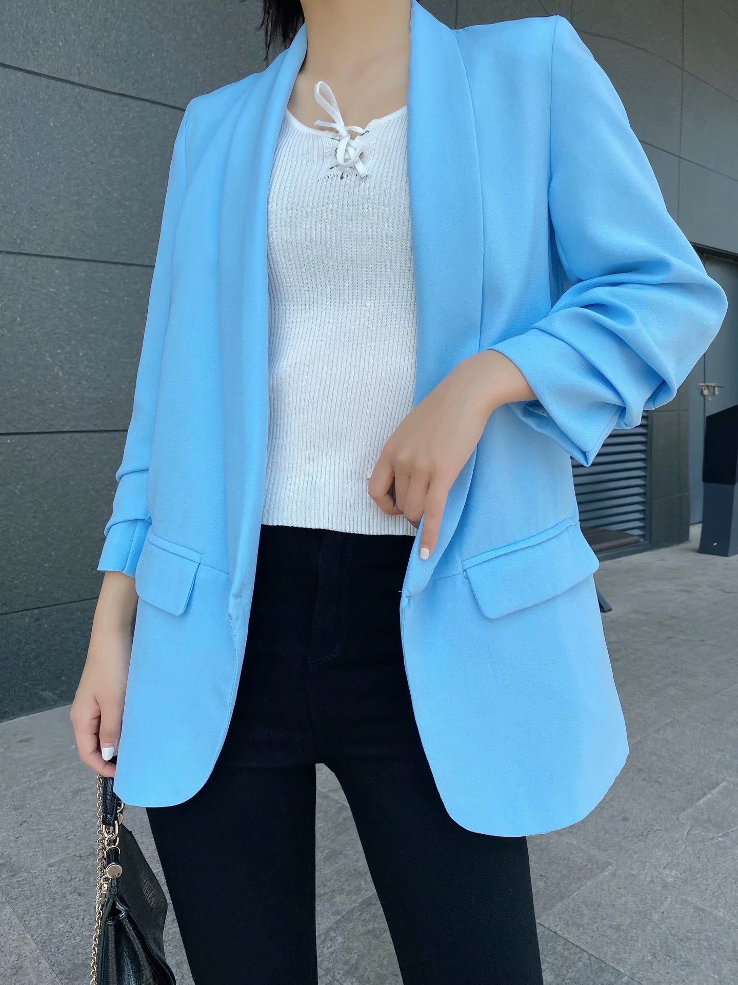 Women's Pleated Blazer Three-quarter Sleeve Solid Colour Jacket_voghion.com