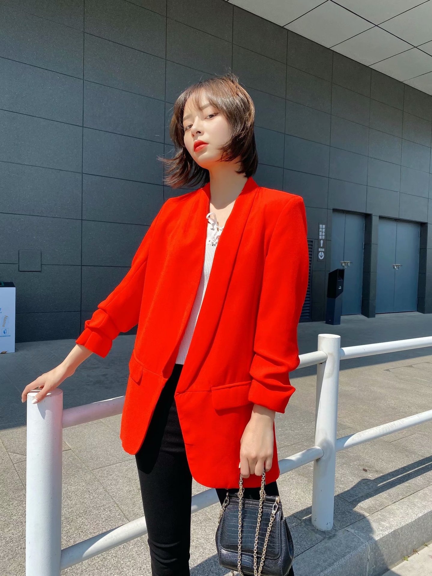 Women's Pleated Blazer Three-quarter Sleeve Solid Colour Jacket_voghion.com