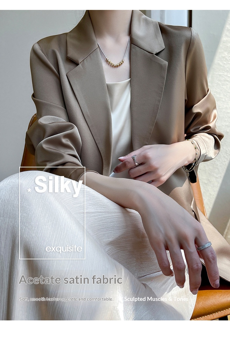 Women's Satin Blazer Jacket Elegant Casual Versatile White Suit_voghion.com
