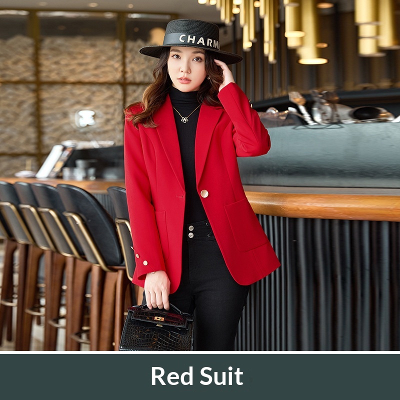 Completo in tinta unita stile coreano, nuova collezione primavera 2026, giacca rosso acceso, blazer elegante, marchio di tendenza._voghion.com