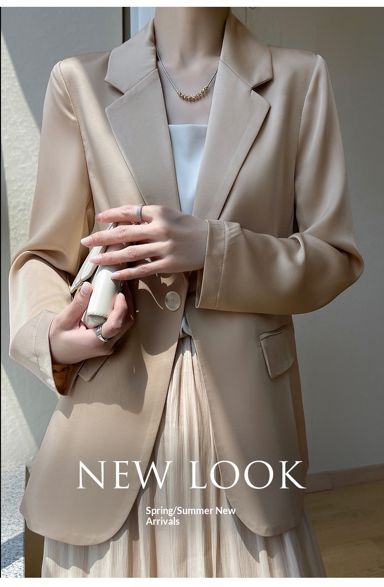 Women's Satin Blazer Jacket Elegant Casual Versatile White Suit_voghion.com