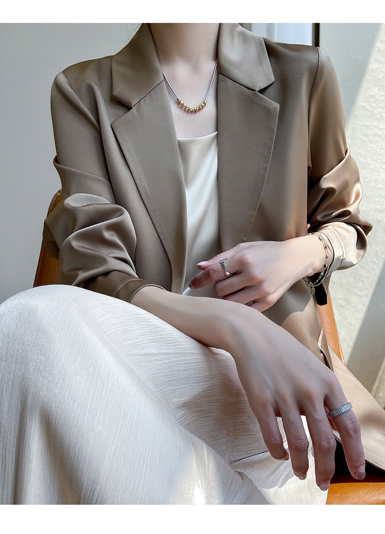 Women's Satin Blazer Jacket Elegant Casual Versatile White Suit_voghion.com