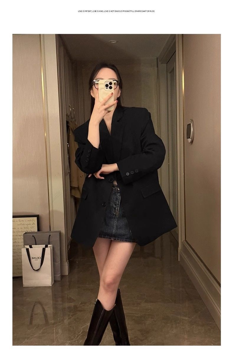 Blazer elegante nero da donna stile coreano primavera autunno_voghion.com