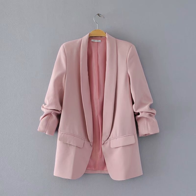 Women's Pleated Blazer Three-quarter Sleeve Solid Colour Jacket_voghion.com