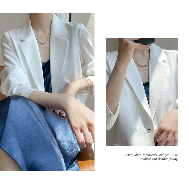 Women's Satin Blazer Jacket Elegant Casual Versatile White Suit_voghion.com