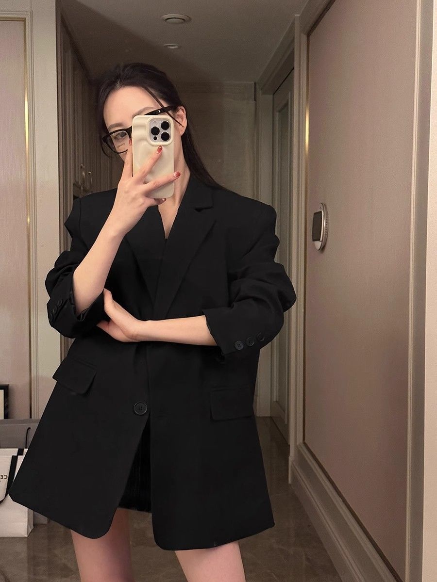 Blazer elegante nero da donna stile coreano primavera autunno_voghion.com