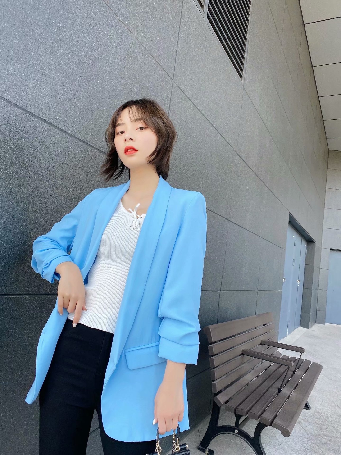 Women's Pleated Blazer Three-quarter Sleeve Solid Colour Jacket_voghion.com