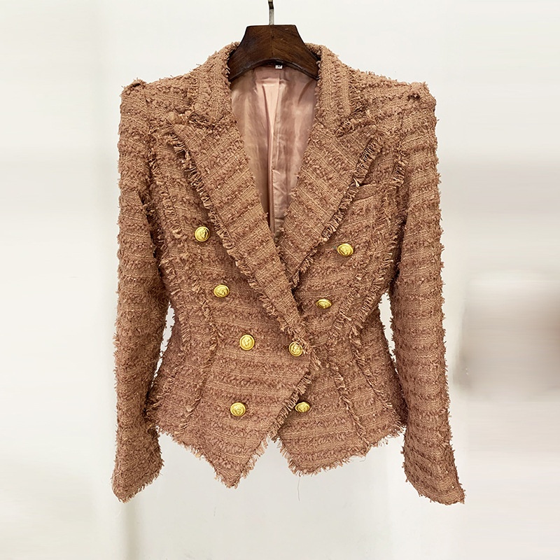 Disponibile in magazzino 2026 Autunno Inverno Nuovo Blazer slim fit in tweed con frange, stile europeo e americano, ispirato alla moda delle celebrità._voghion.com