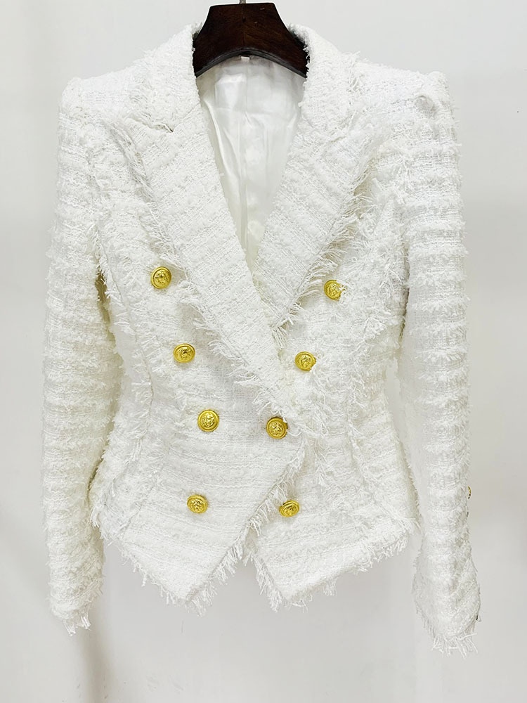 Giacca blazer in tweed da donna con frange taglio slim elegante_voghion.com