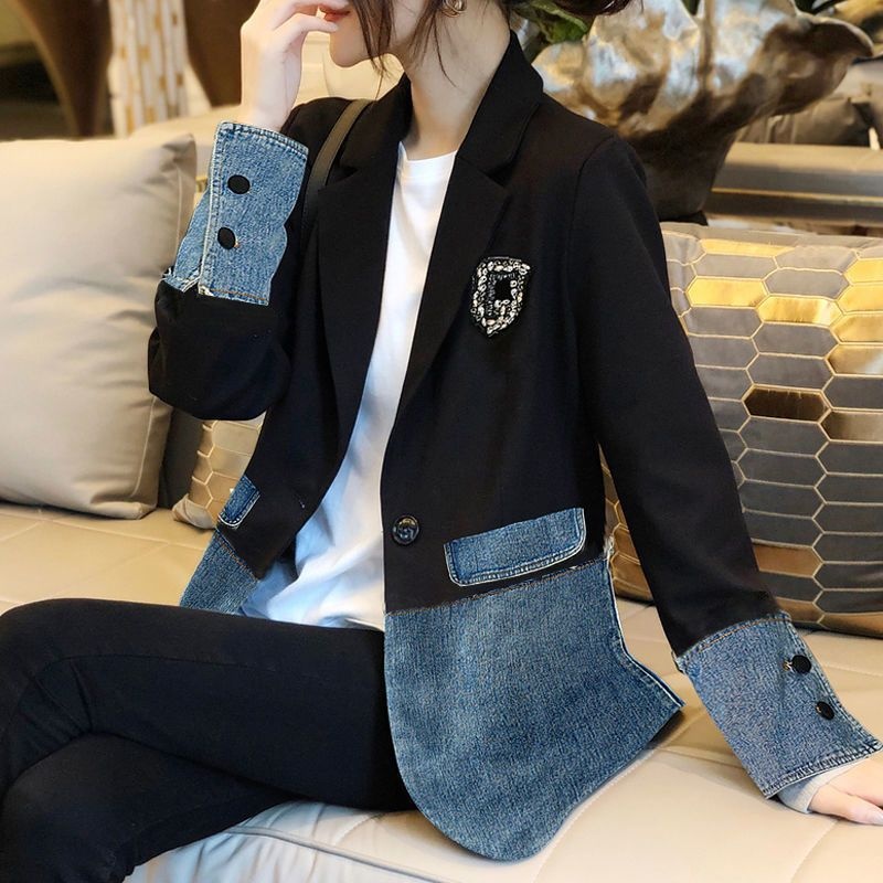 Blazer in denim patchwork in stile europeo per donna, nuova versione coreana primavera/autunno 2026, taglie forti e petite._voghion.com