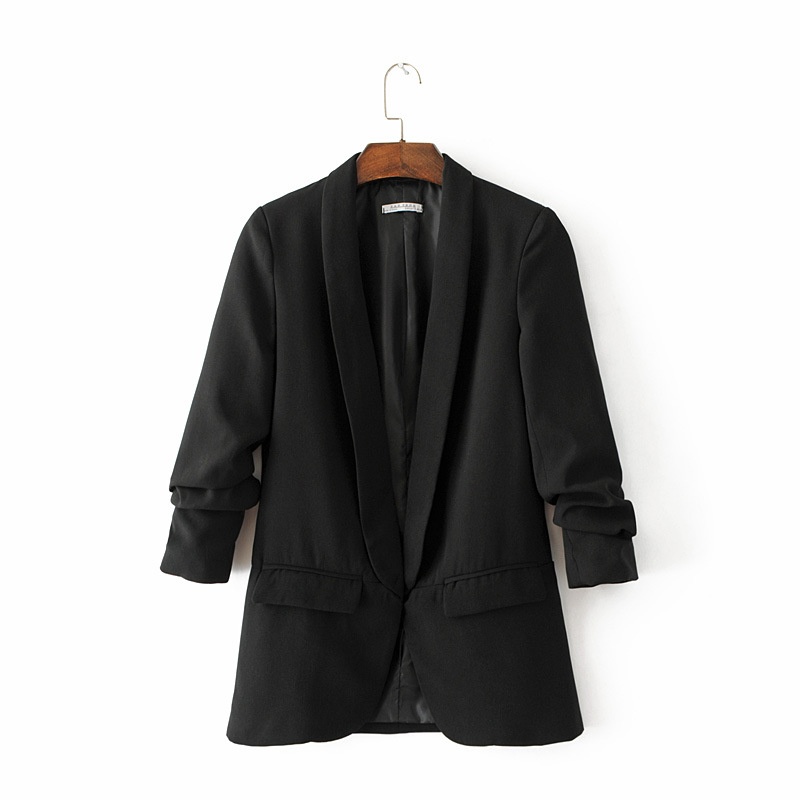 Women's Pleated Blazer Three-quarter Sleeve Solid Colour Jacket_voghion.com