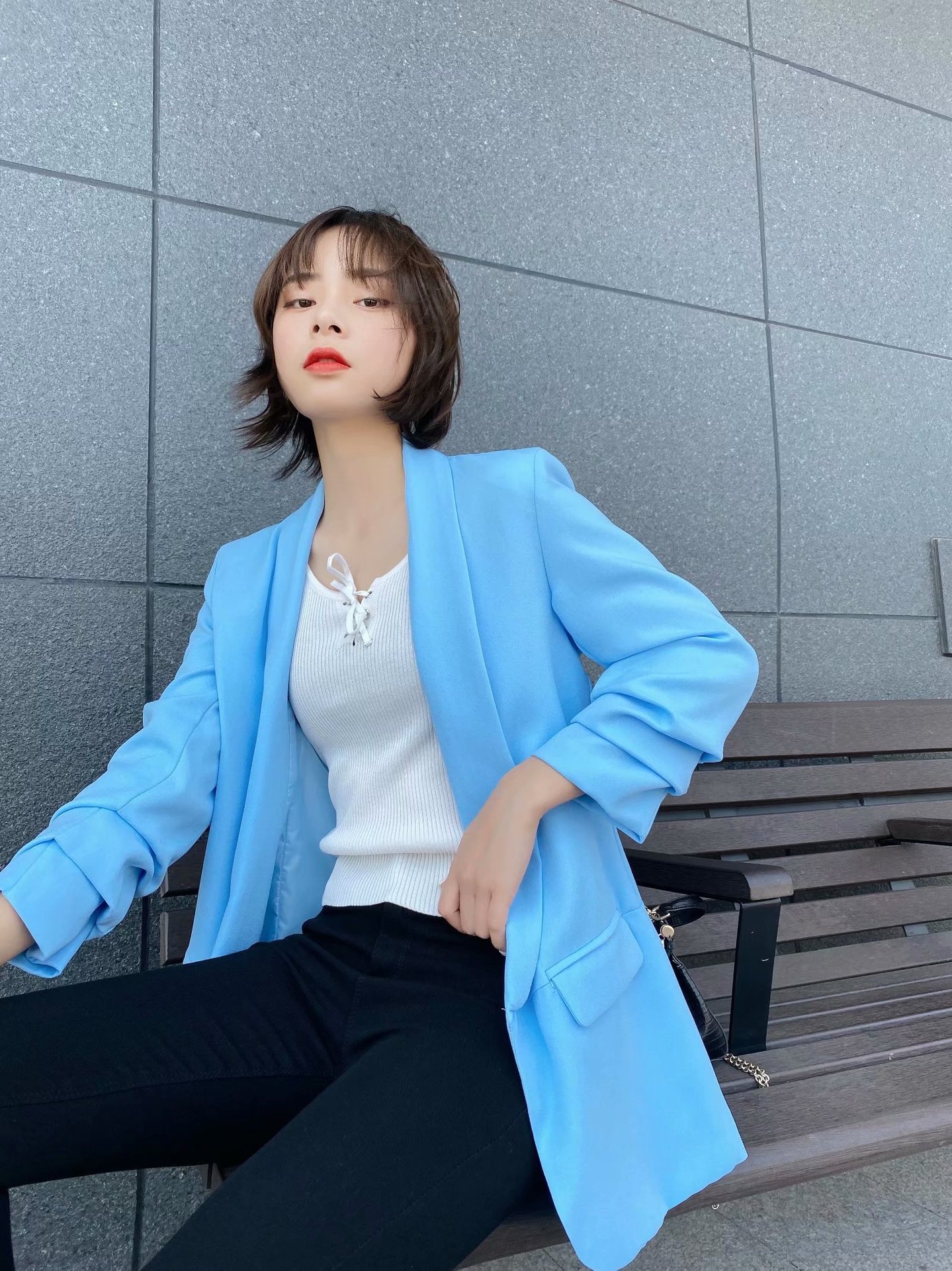 Women's Pleated Blazer Three-quarter Sleeve Solid Colour Jacket_voghion.com