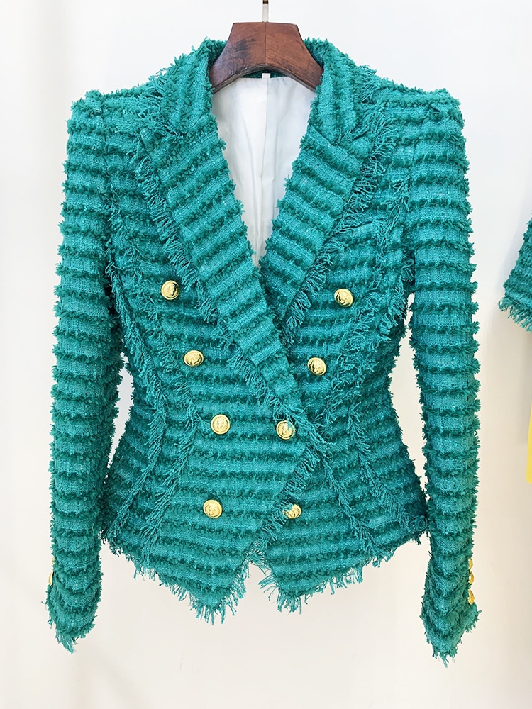 Giacca blazer in tweed da donna con frange taglio slim elegante_voghion.com