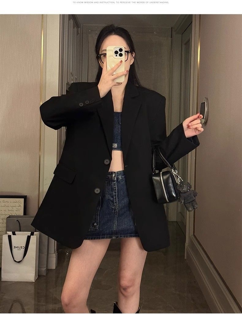 Blazer elegante nero da donna stile coreano primavera autunno_voghion.com