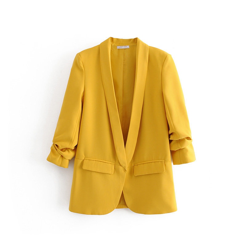 Women's Pleated Blazer Three-quarter Sleeve Solid Colour Jacket_voghion.com