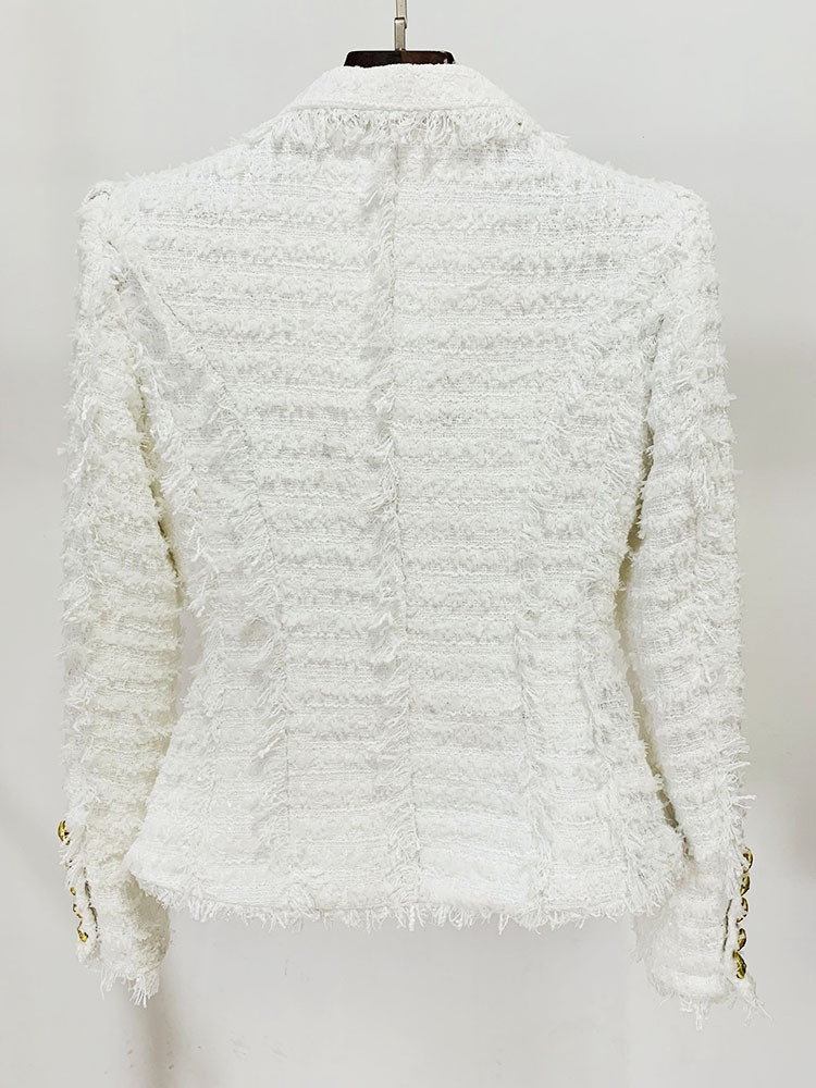 Giacca blazer in tweed da donna con frange taglio slim elegante_voghion.com