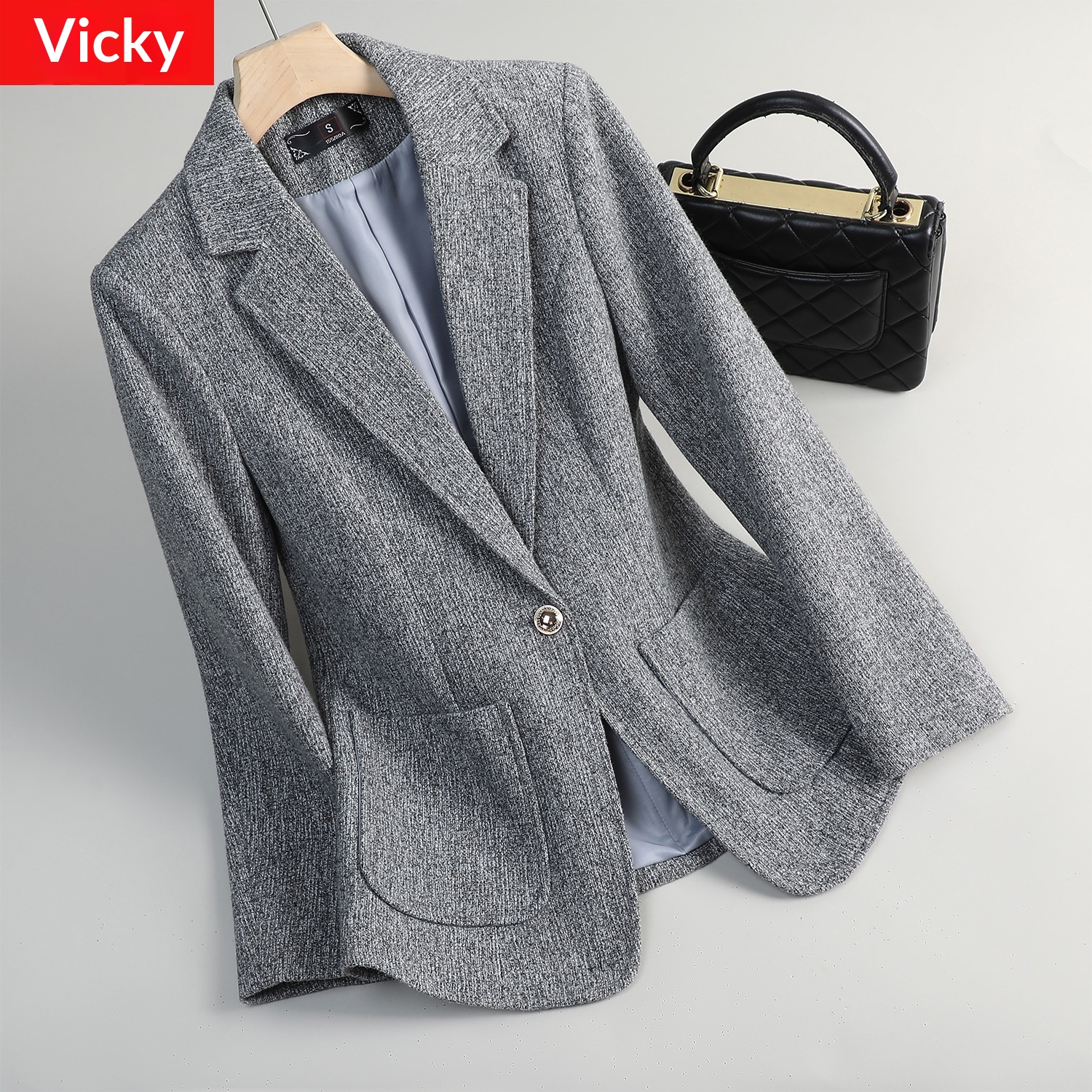 Grauer Damenblazer Herbst/Winter 2025, neuer Stil, elegant und lässig für zierliche Damen, Modell 8622_voghion.com
