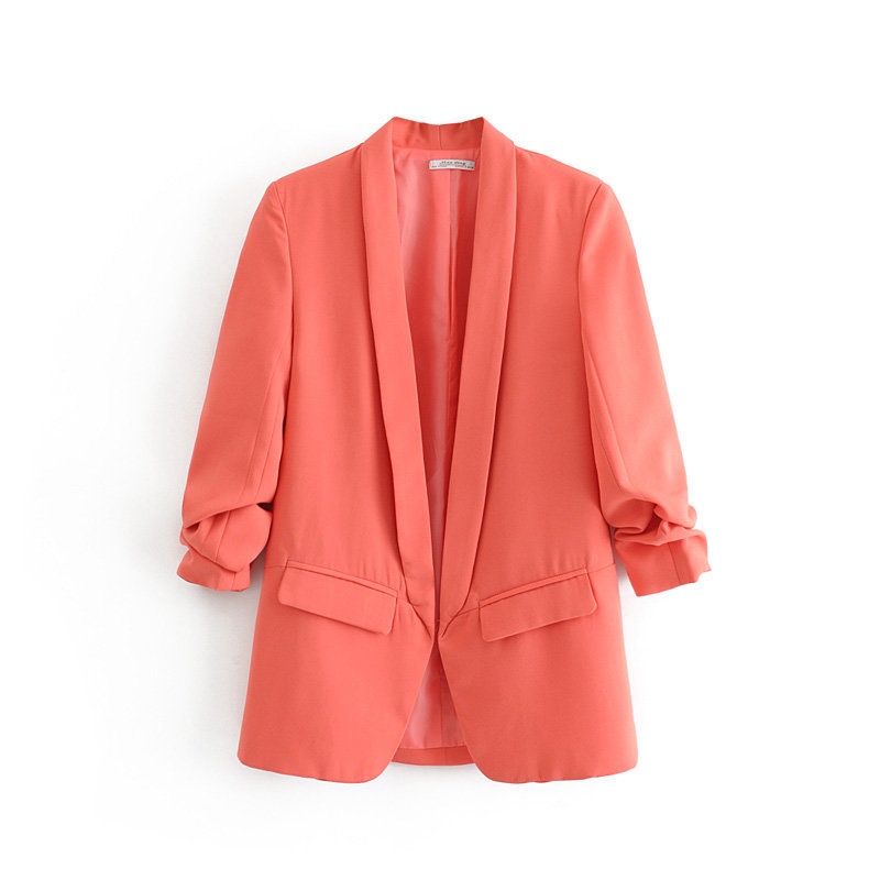 Women's Pleated Blazer Three-quarter Sleeve Solid Colour Jacket_voghion.com