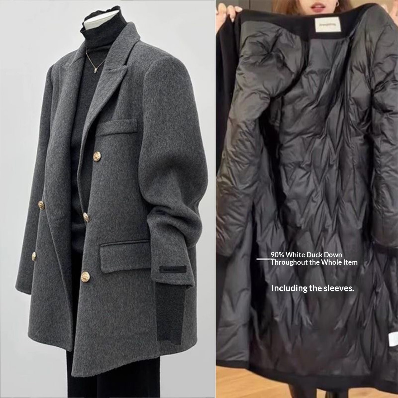 Women's Woolen Blazer With Down Lining, 2025 Winter New Fashion Style, Short Gray Coat For Petite Women_voghion.com