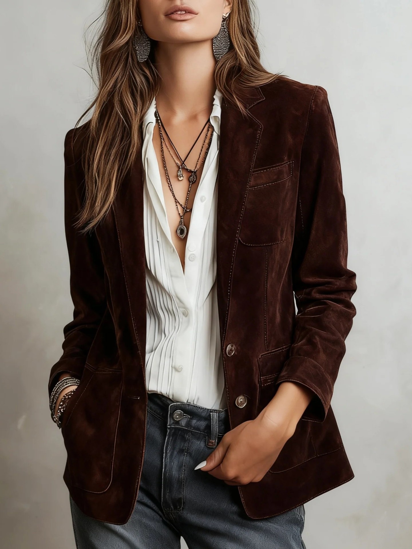 Elegant Women's Suede Blazer Brown Jacket With Pockets And Buttons_voghion.com