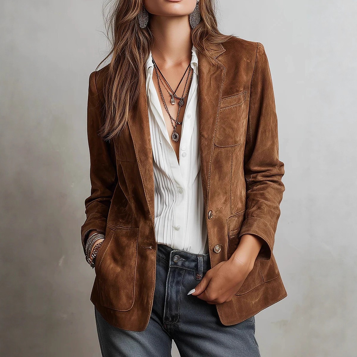 2025 European American Cross-border Autumn Women's Jacket, Elegant Brown Suede Coat With Pockets And Buttons_voghion.com