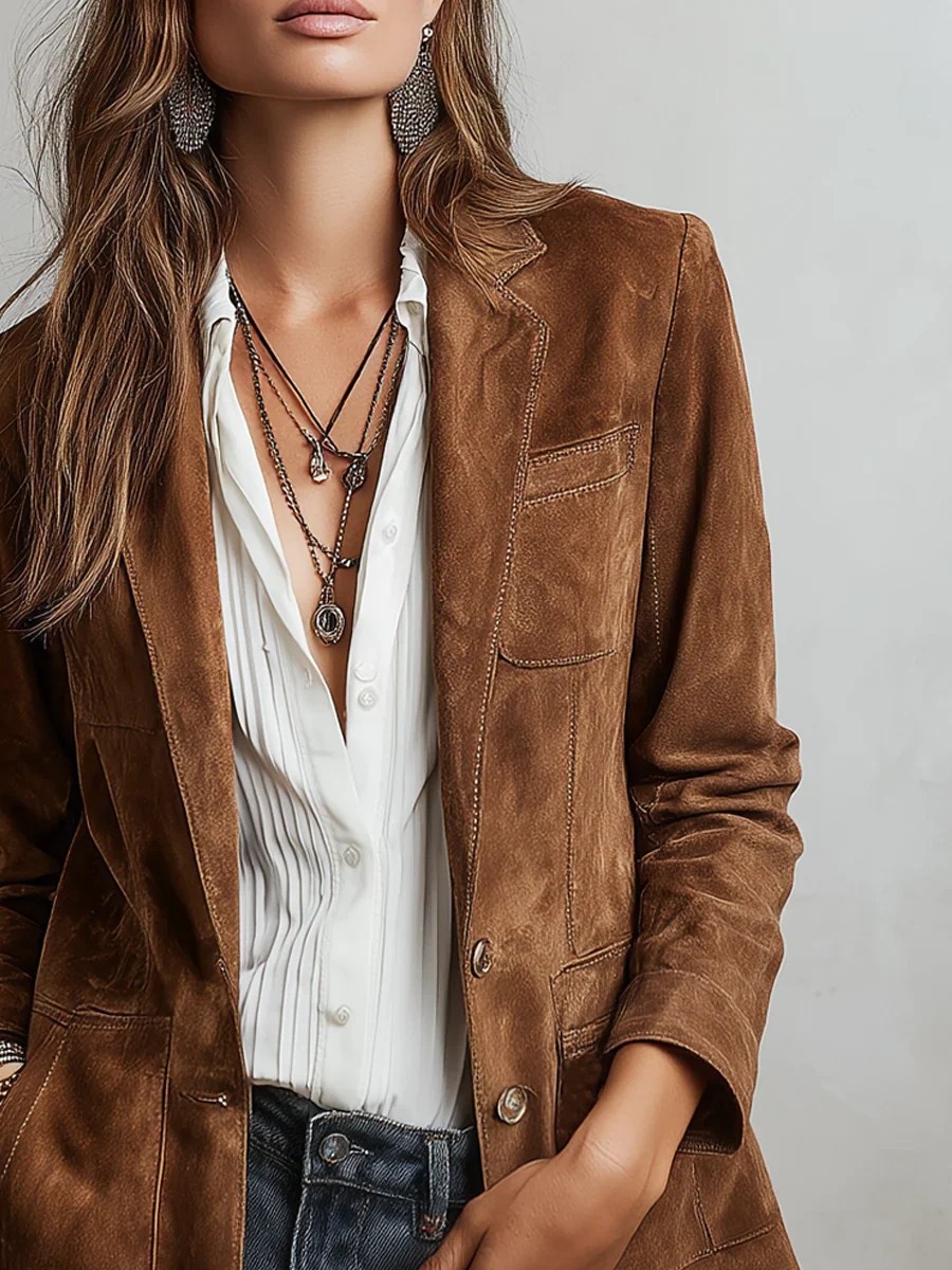Elegant Women's Suede Blazer Brown Jacket With Pockets And Buttons_voghion.com