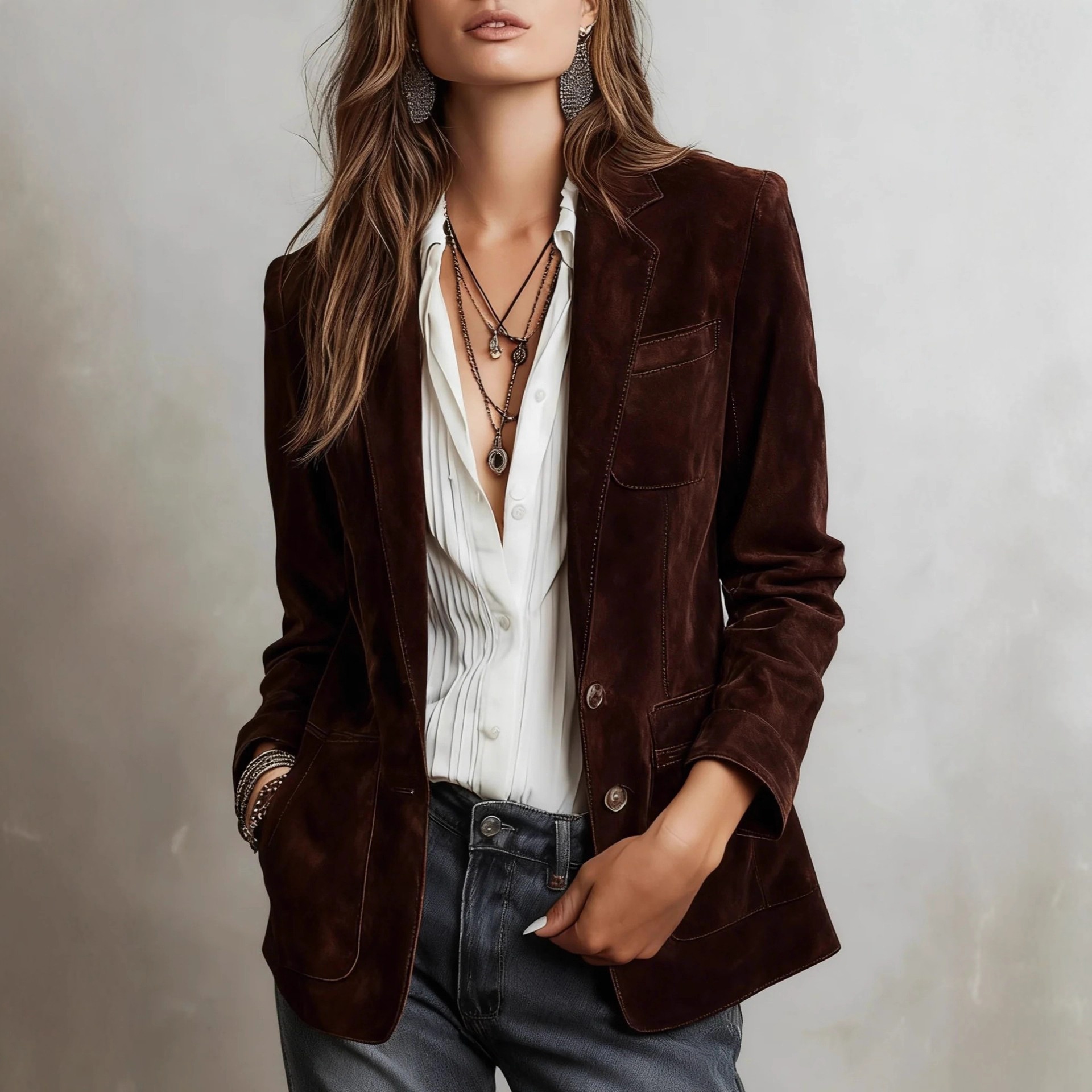 2025 European American Cross-border Autumn Women's Jacket, Elegant Brown Suede Coat With Pockets And Buttons_voghion.com