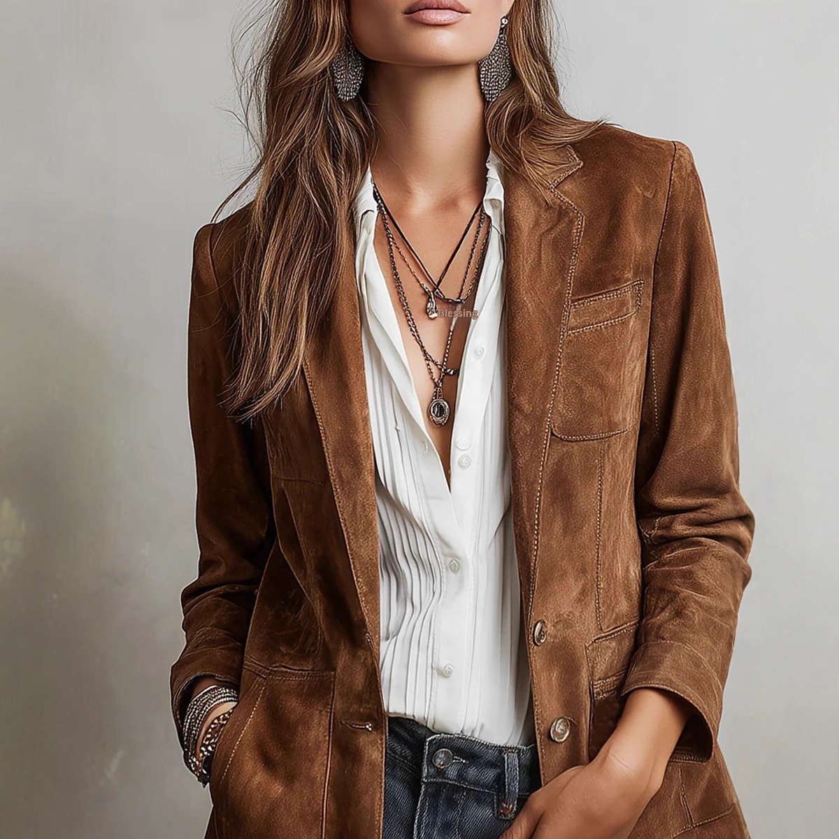 2025 European American Cross-border Autumn Women's Jacket, Elegant Brown Suede Coat With Pockets And Buttons_voghion.com