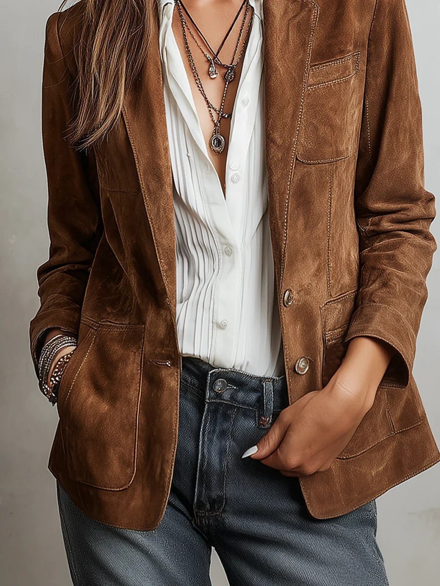 Elegant Women's Suede Blazer Brown Jacket With Pockets And Buttons_voghion.com