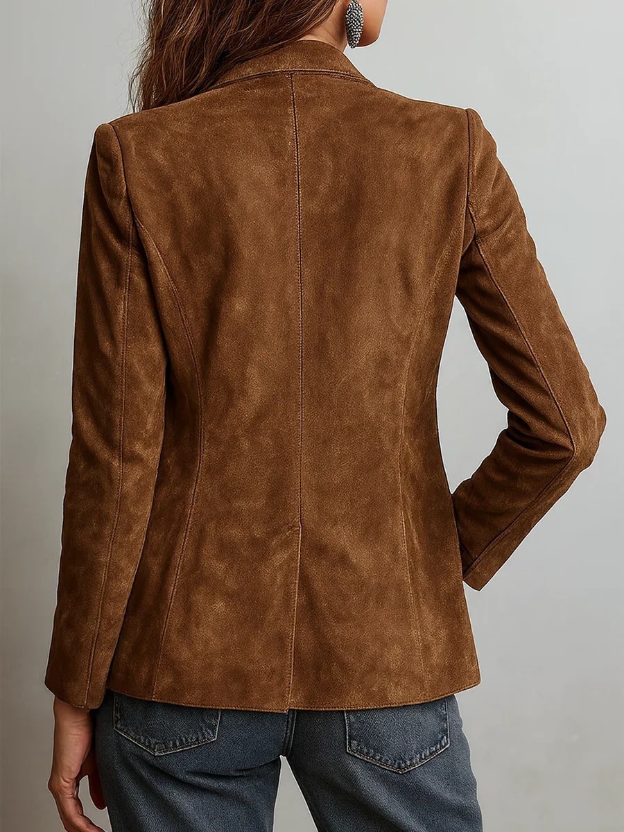 Elegant Women's Suede Blazer Brown Jacket With Pockets And Buttons_voghion.com