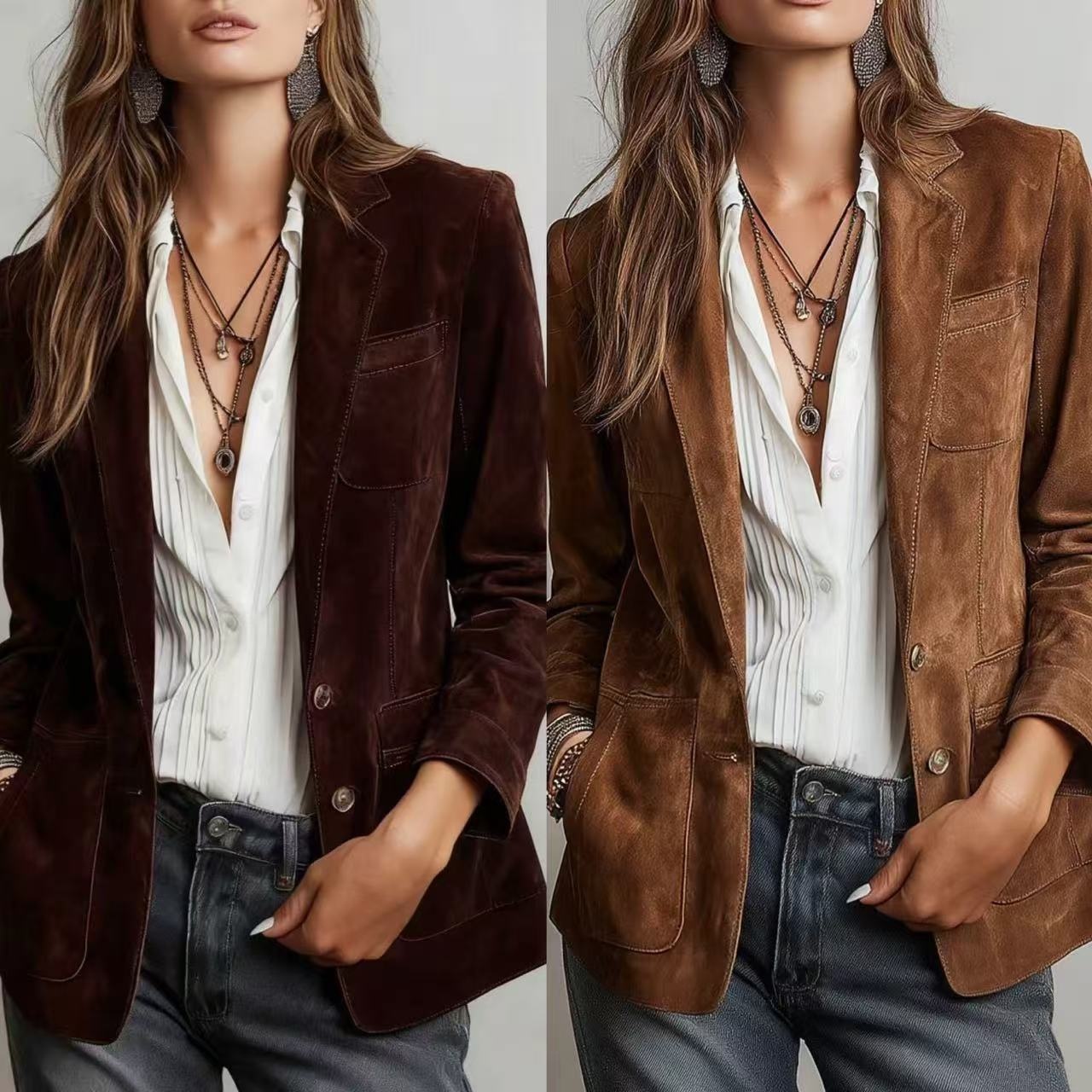 2025 European American Cross-border Autumn Women's Jacket, Elegant Brown Suede Coat With Pockets And Buttons_voghion.com