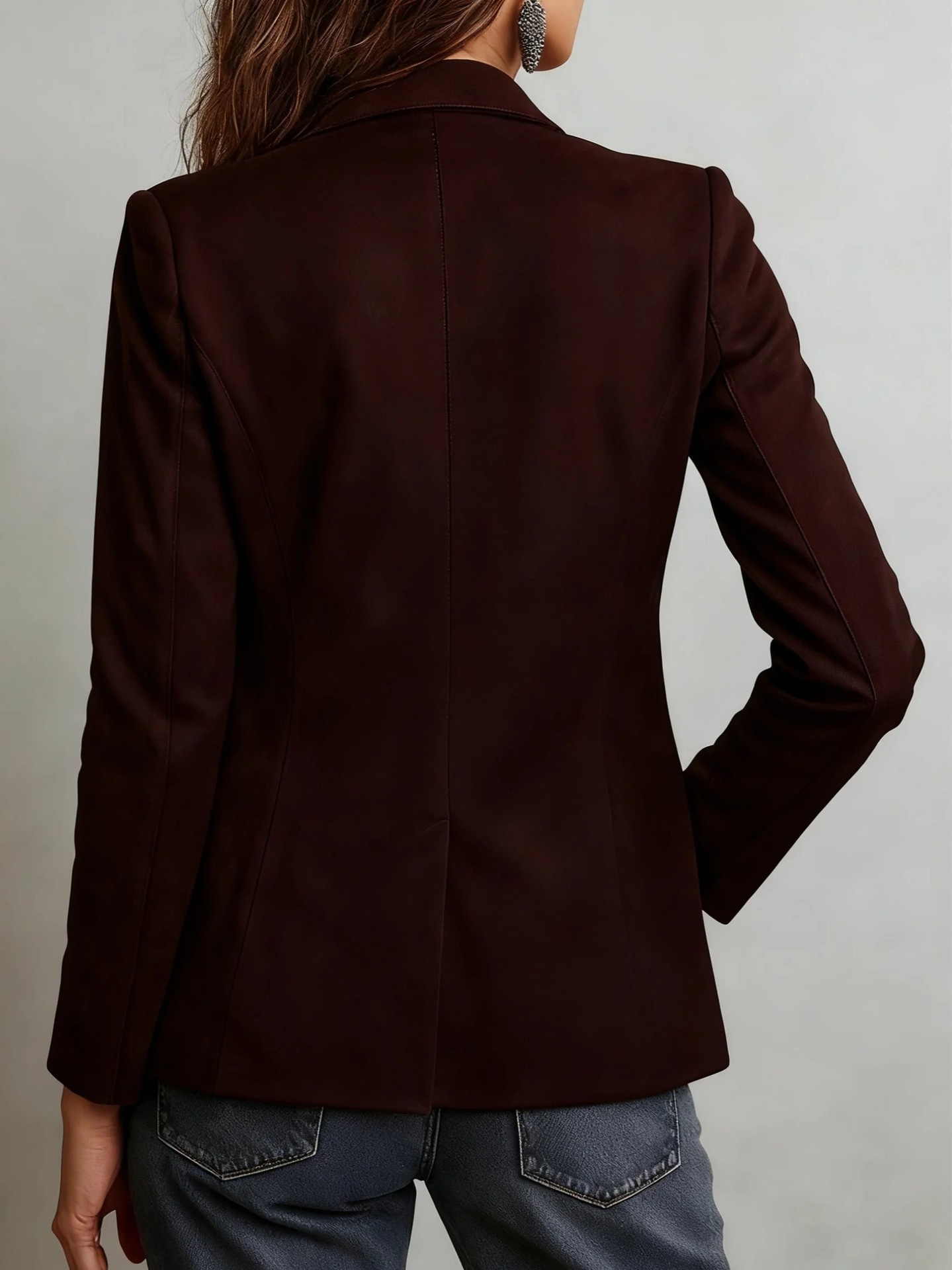 Elegant Women's Suede Blazer Brown Jacket With Pockets And Buttons_voghion.com