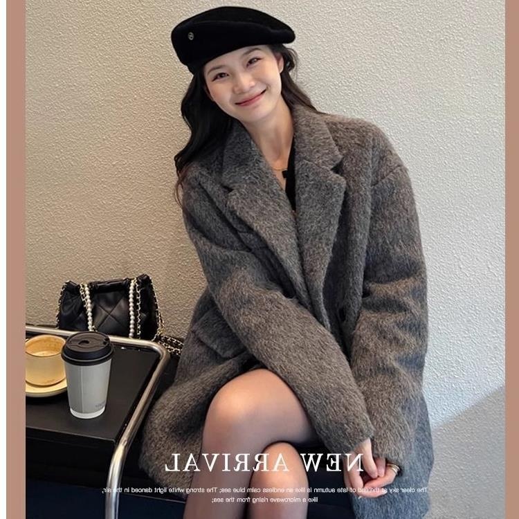 Grauer Damenanzug, Herbst und Winter, mit Fleece gefüttert, dick gefüttert, exklusiver Kaschmir-Wollmantel in Wolloptik für Damen_voghion.com