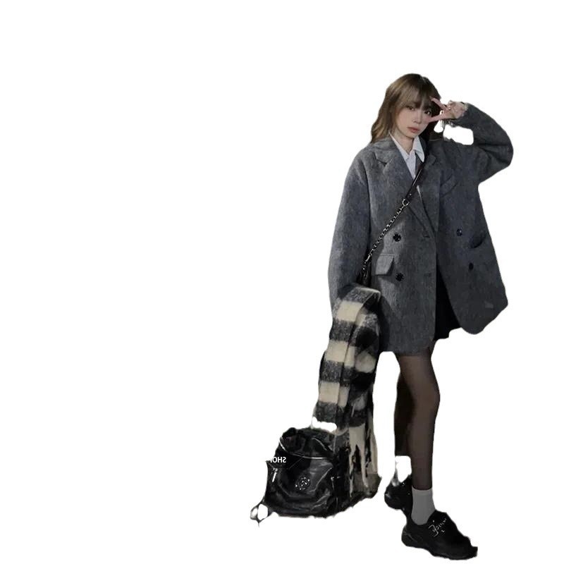 Grauer Damenanzug, Herbst und Winter, mit Fleece gefüttert, dick gefüttert, exklusiver Kaschmir-Wollmantel in Wolloptik für Damen_voghion.com