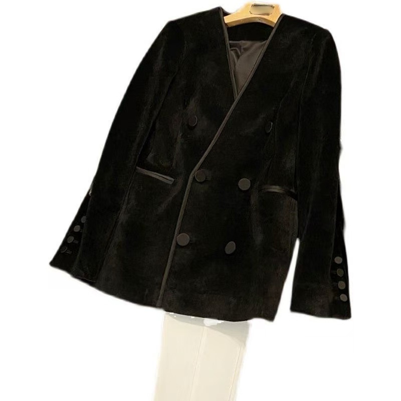 Outlet europeo per il commercio estero, rimanenze di magazzino con etichette rimosse, blazer slim-fit in velluto con scollo a V per donna_voghion.com