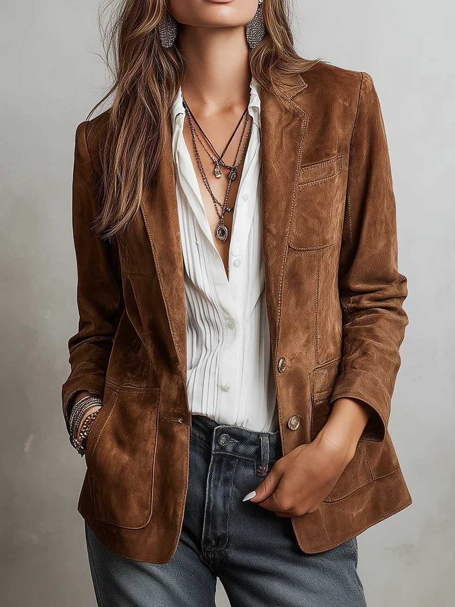 Elegant Women's Suede Blazer Brown Jacket With Pockets And Buttons_voghion.com
