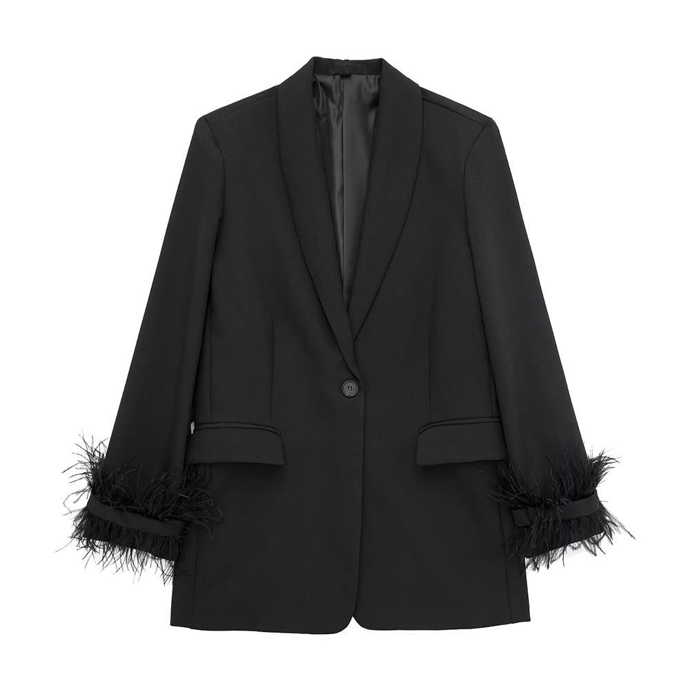 Women's Casual Straight Cut Blazer With Feather Decoration_voghion.com