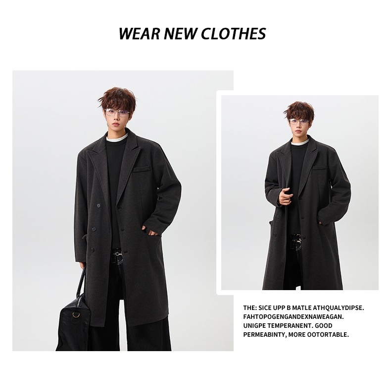 Winter Men's Woolen Trench Coat Long Over-the-knee Loose Fitting_voghion.com