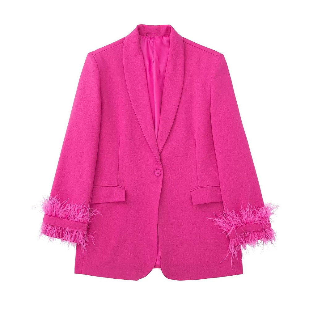 Women's Casual Straight Cut Blazer With Feather Decoration_voghion.com