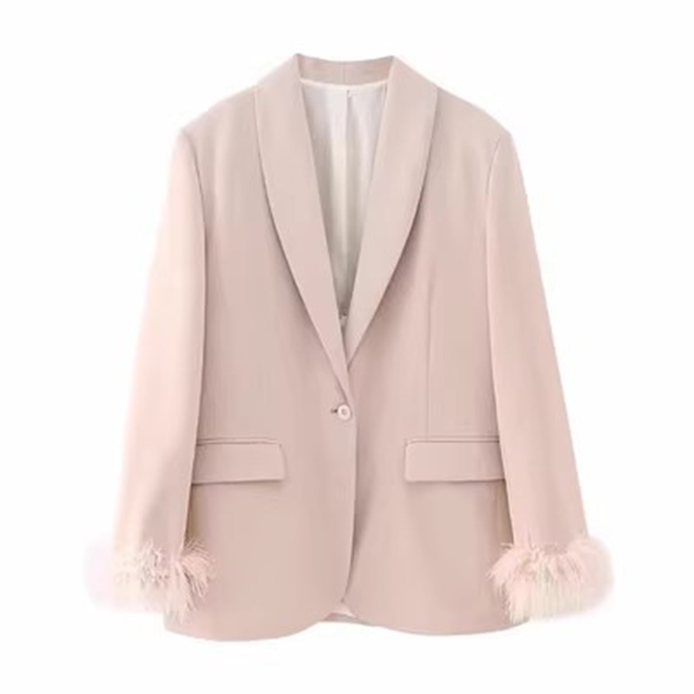 Women's Casual Straight Cut Blazer With Feather Decoration_voghion.com