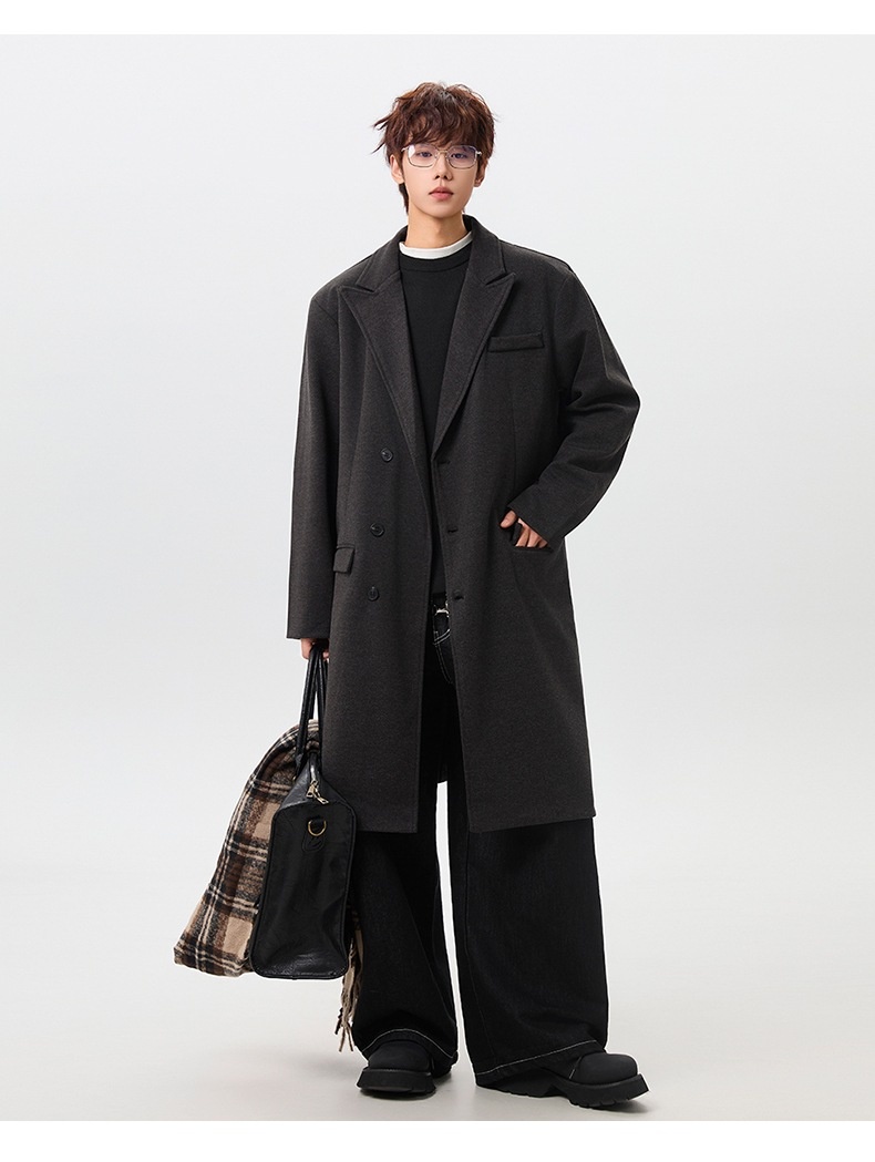 Winter Men's Woolen Trench Coat Long Over-the-knee Loose Fitting_voghion.com