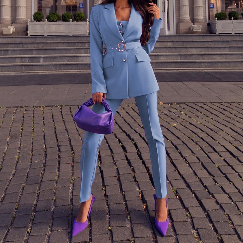 Completo blazer da donna elegante con cintura e maniche lunghe_voghion.com