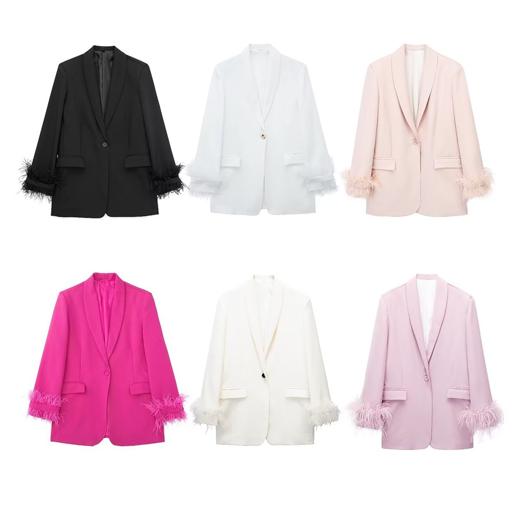 Women's Casual Straight Cut Blazer With Feather Decoration_voghion.com