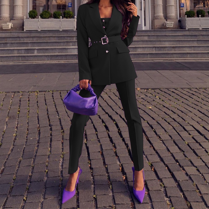 Completo blazer da donna elegante con cintura e maniche lunghe_voghion.com