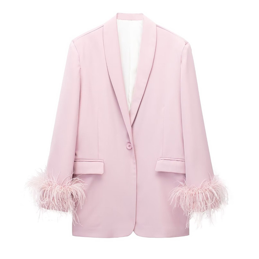 Women's Casual Straight Cut Blazer With Feather Decoration_voghion.com