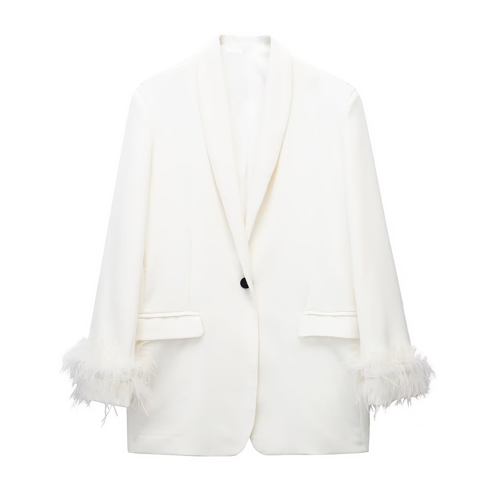 Women's Casual Straight Cut Blazer With Feather Decoration_voghion.com